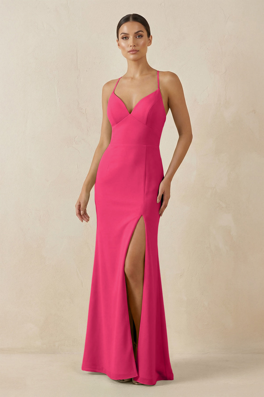 Spaghetti Strap Sheath Chiffon Bridesmaid Dress With Slit in Fuchsia