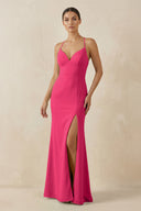 Fuchsia Spaghetti Strap Sheath Chiffon Bridesmaid Dress With Slit | KISSBRIDAL