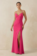 Fuchsia Spaghetti Strap Sheath Chiffon Bridesmaid Dress With Slit | KISSBRIDAL
