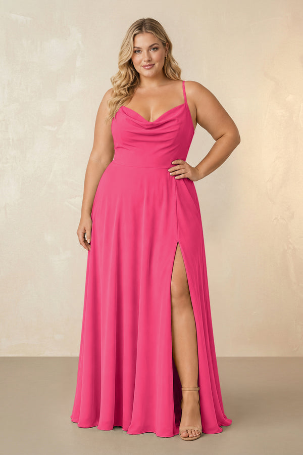 Fuchsia Spaghetti Straps Chiffon A-Line Bridesmaid Dress [sizeplus] | KISSBRIDAL