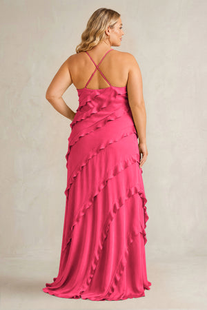 Fuchsia Spaghetti Straps Sheath Stain Ruffled Bridesmaid Dress (2) | KISSBRIDAL[sizeplus]