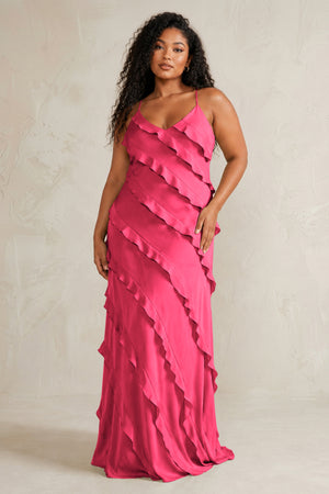 Fuchsia Spaghetti Straps Sheath Stain Ruffled Bridesmaid Dress (3) | KISSBRIDAL[sizeplus]
