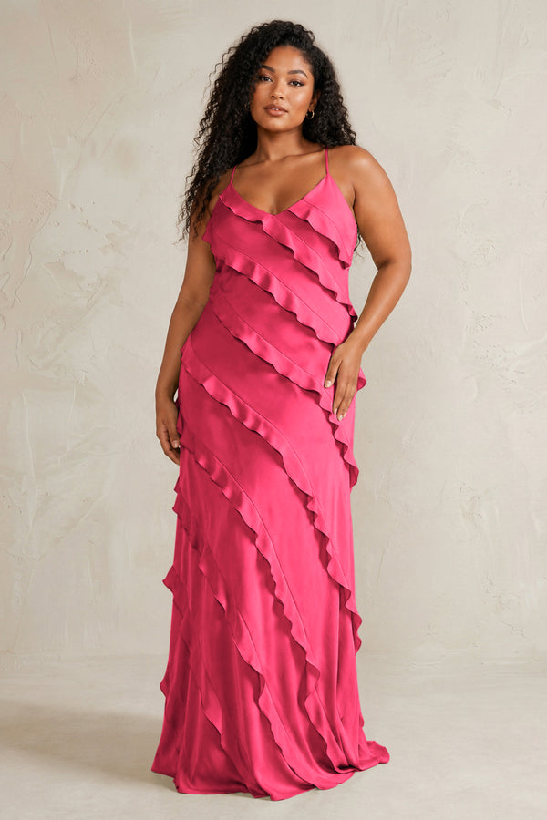 Fuchsia Spaghetti Straps Sheath Stain Ruffled Bridesmaid Dress (3) | KISSBRIDAL[sizeplus]
