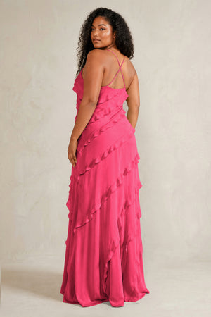 Fuchsia Spaghetti Straps Sheath Stain Ruffled Bridesmaid Dress (4) | KISSBRIDAL[sizeplus]