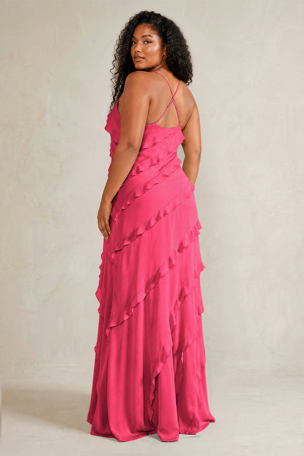Fuchsia Spaghetti Straps Sheath Stain Ruffled Bridesmaid Dress (4) | KISSBRIDAL[sizeplus]