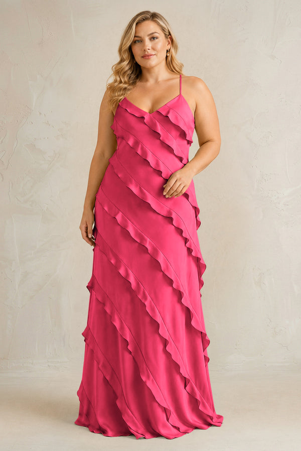 Fuchsia Spaghetti Straps Sheath Stain Ruffled Bridesmaid Dress | KISSBRIDAL[sizeplus]