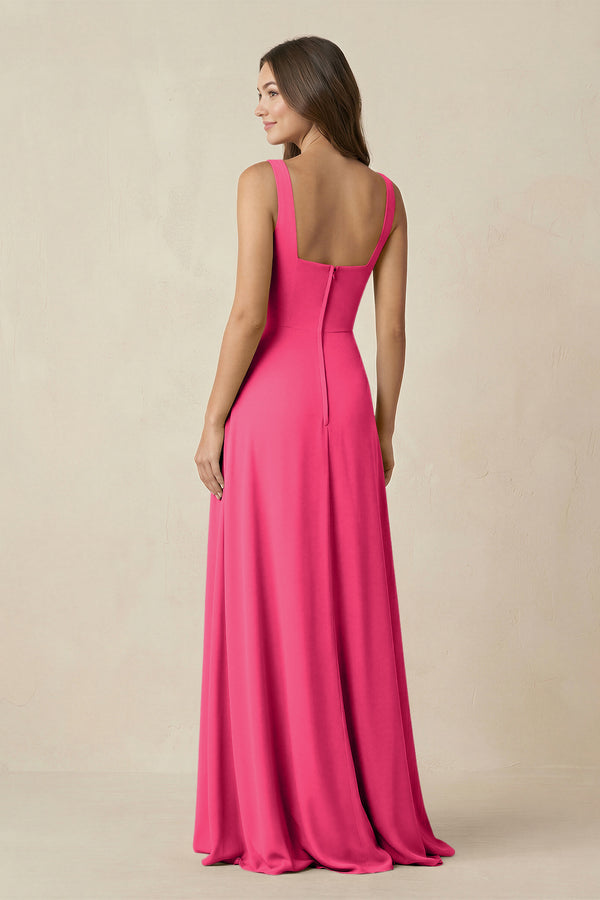Fuchsia Square Neck A-Line Bridesmaid Dress With Slit (2) | KISSBRIDAL