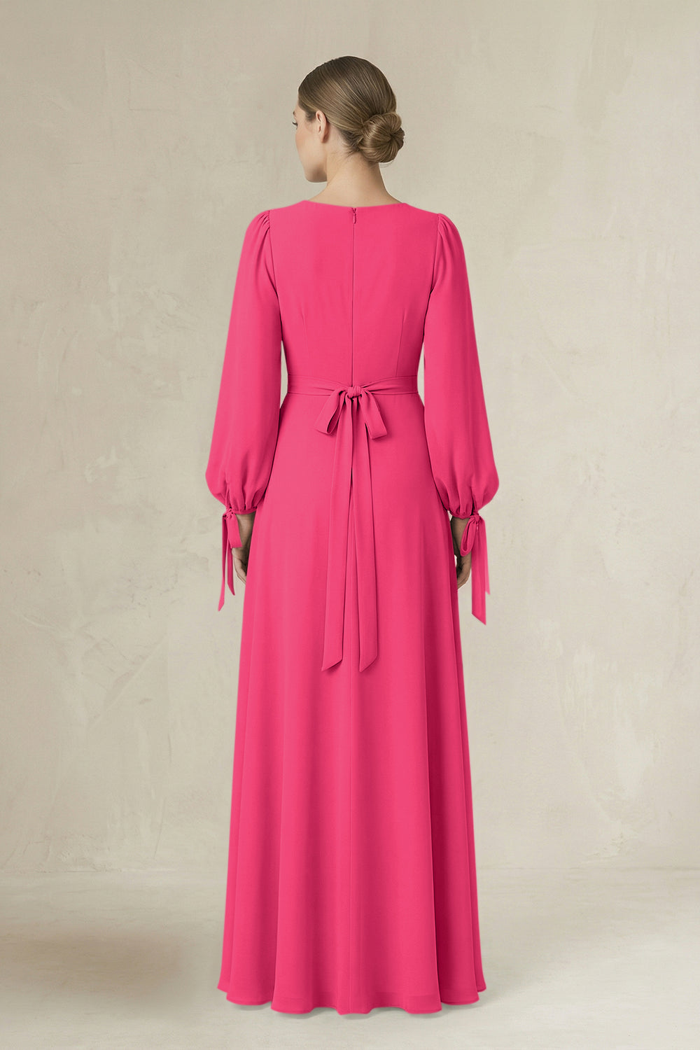 Square Neck Long Sleeve A-Line Chiffon Bridesmaid Dress in Fuchsia