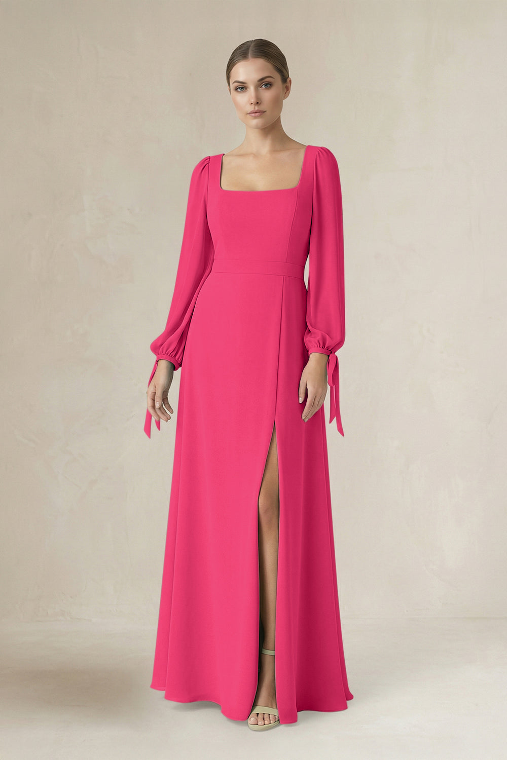 Square Neck Long Sleeve A-Line Chiffon Bridesmaid Dress in Fuchsia