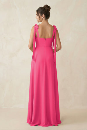 Fuchsia Square Neck Sheath Chiffon Bridesmaid Dress with Bow (2) | KISSBRIDAL