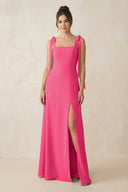 Fuchsia Square Neck Sheath Chiffon Bridesmaid Dress with Bow | KISSBRIDAL