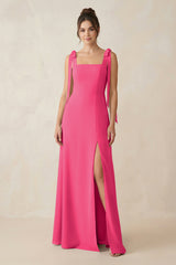 Fuchsia Square Neck Sheath Chiffon Bridesmaid Dress with Bow | KISSBRIDAL