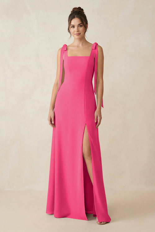 Fuchsia Square Neck Sheath Chiffon Bridesmaid Dress with Bow | KISSBRIDAL