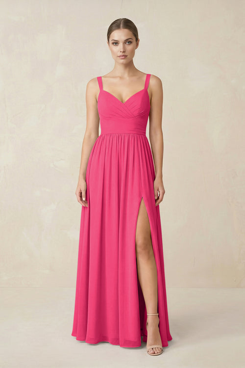 Fuchsia Sweetheart A-Line Chiffon Bridesmaid Dress with Slit in Fuchsia | KISSBRIDAL