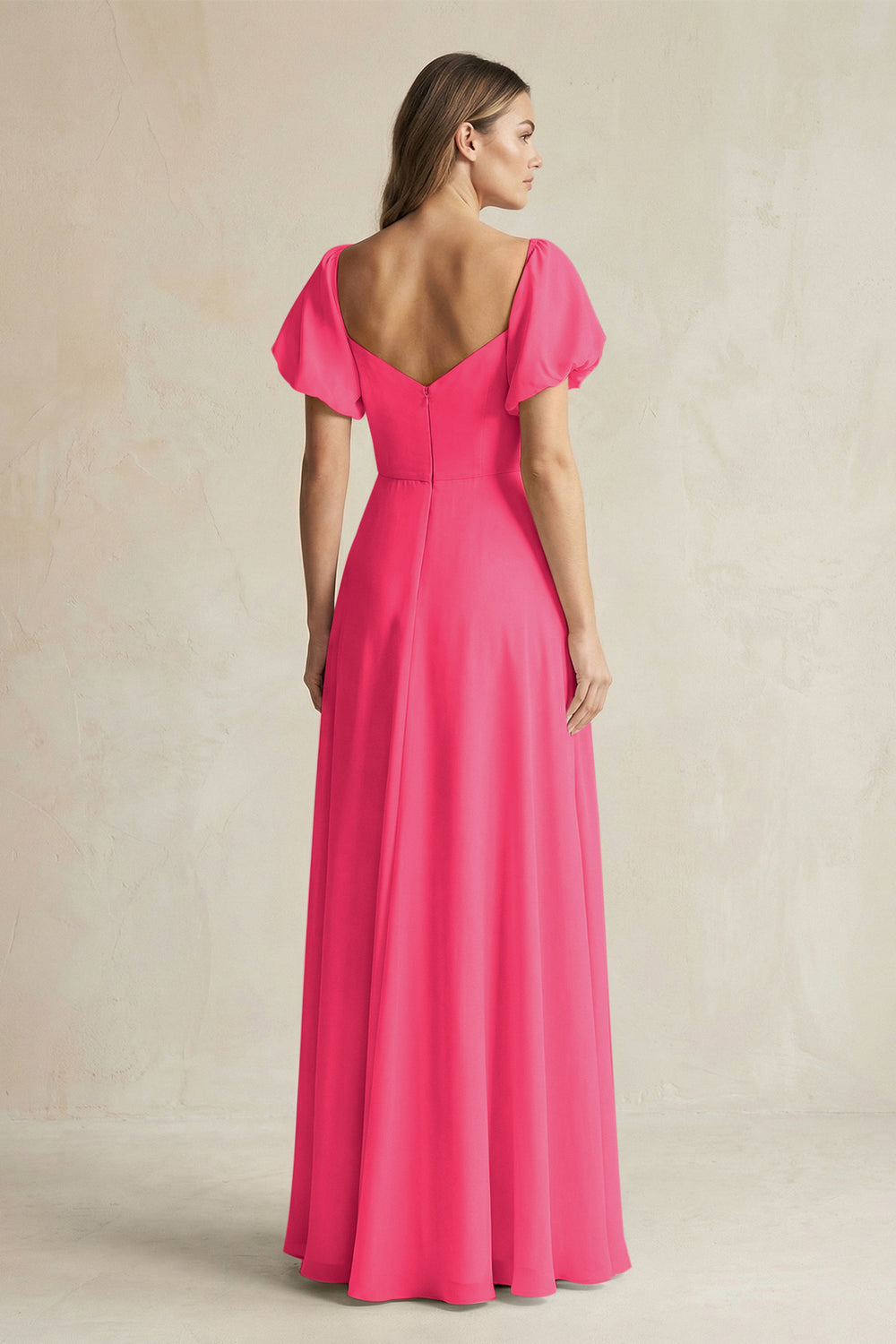 Sweetheart Puff Sleeve A-Line Chiffon Bridesmaid Dress in Fuchsia
