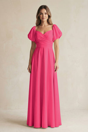 Fuchsia Sweetheart Puff Sleeve A-Line Chiffon Bridesmaid Dress | KISSBRIDAL