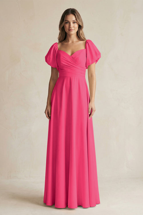 Fuchsia Sweetheart Puff Sleeve A-Line Chiffon Bridesmaid Dress | KISSBRIDAL