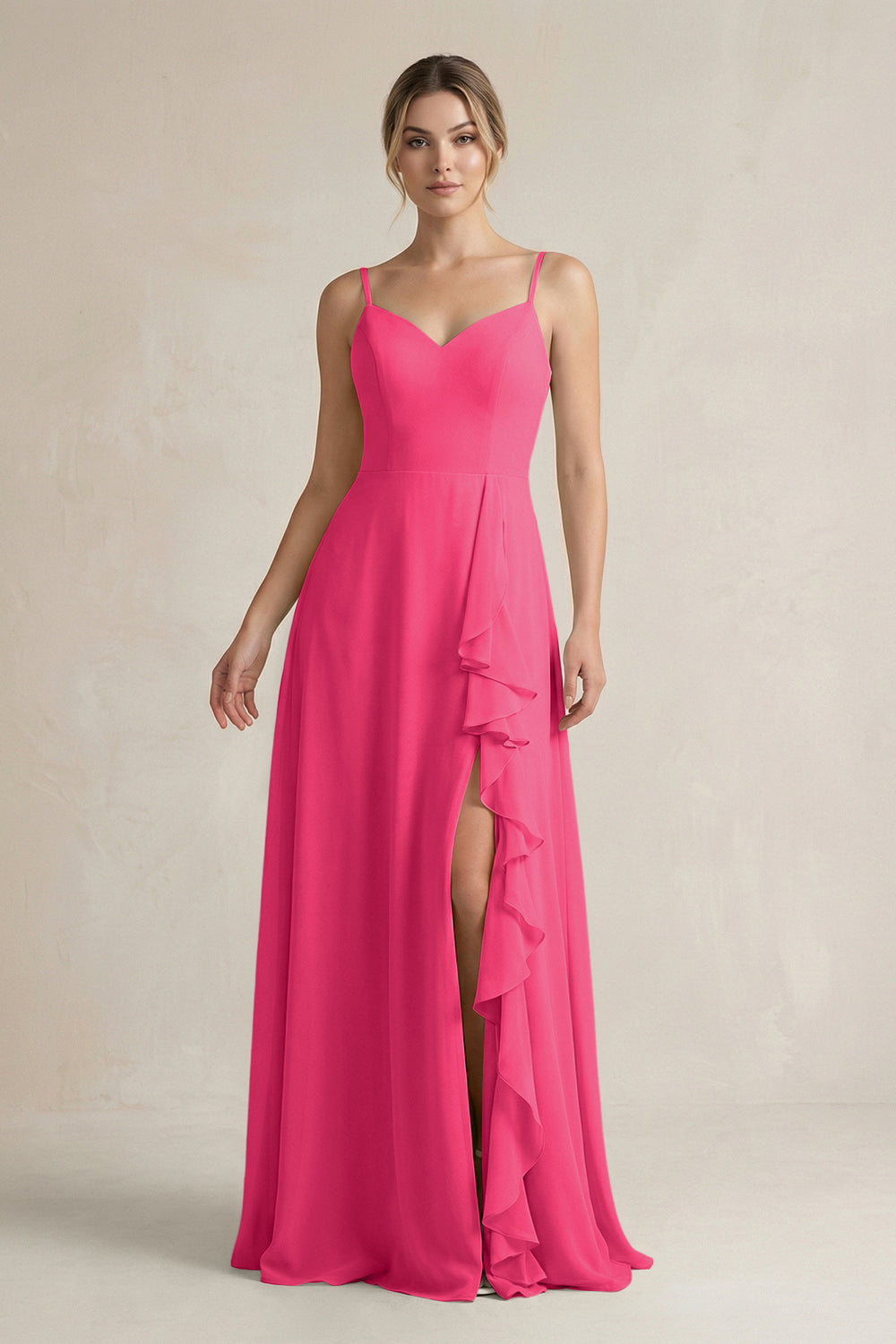 Sweetheart Ruffled A-Line Chiffon Bridesmaid Dress with Slit in Fuchsia