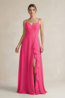 Fuchsia Sweetheart Ruffled A-Line Chiffon Bridesmaid Dress with Slit | KISSBRIDAL