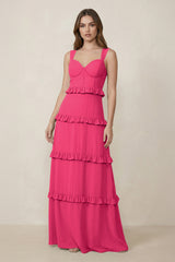 Fuchsia Sweetheart Tiered A-Line Chiffon Bridesmaid Dress | KISSBRIDAL