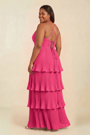 Fuchsia Tiered Pleated V-Neck A-Line Chiffon Bridesmaid Dress (2) [sizeplus] | KISSBRIDAL