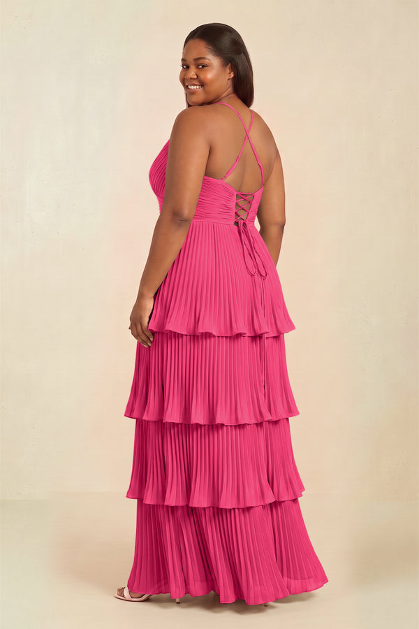 Fuchsia Tiered Pleated V-Neck A-Line Chiffon Bridesmaid Dress (2) [sizeplus] | KISSBRIDAL