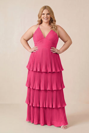 Fuchsia Tiered Pleated V-Neck A-Line Chiffon Bridesmaid Dress (3) [sizeplus] | KISSBRIDAL