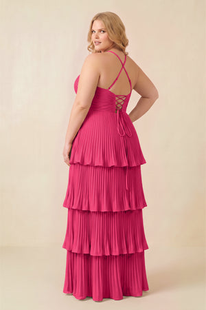 Fuchsia Tiered Pleated V-Neck A-Line Chiffon Bridesmaid Dress (4) [sizeplus] | KISSBRIDAL