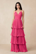 Fuchsia Tiered Pleated V-Neck A-Line Chiffon Bridesmaid Dress | KISSBRIDAL