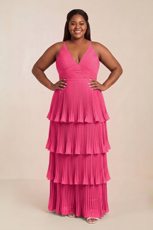 Fuchsia Tiered Pleated V-Neck A-Line Chiffon Bridesmaid Dress [sizeplus] | KISSBRIDAL
