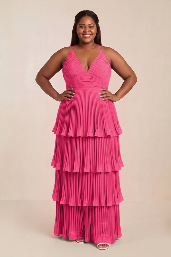 Fuchsia Tiered Pleated V-Neck A-Line Chiffon Bridesmaid Dress [sizeplus] | KISSBRIDAL