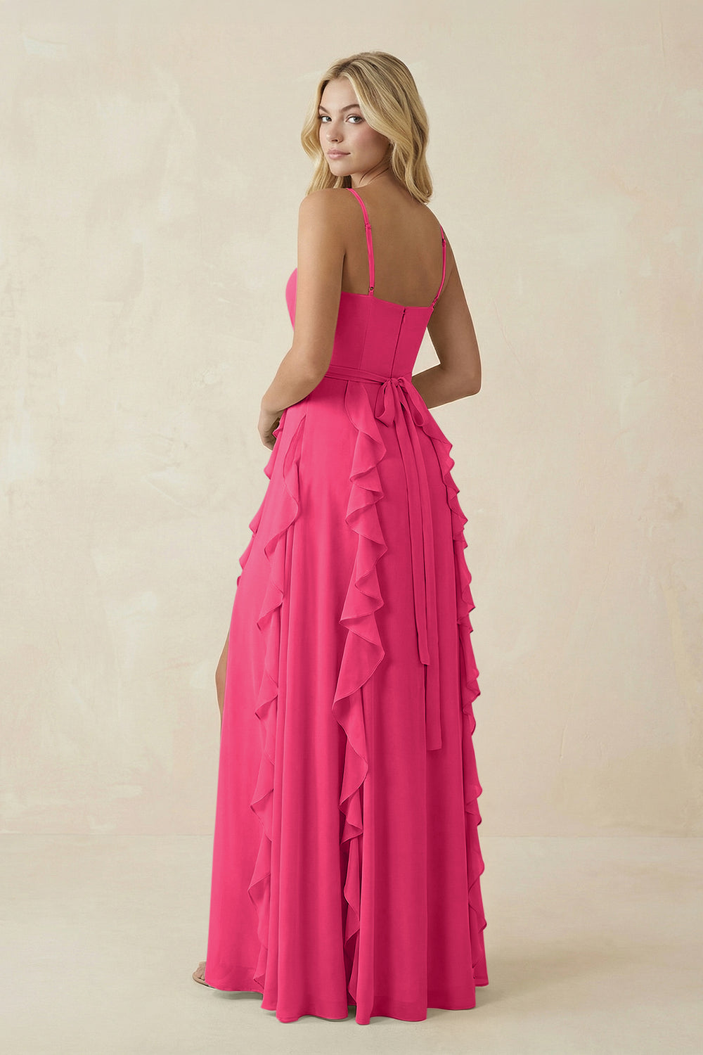 Tiered Ruffle A-Line Chiffon Bridesmaid Dress in Fuchsia