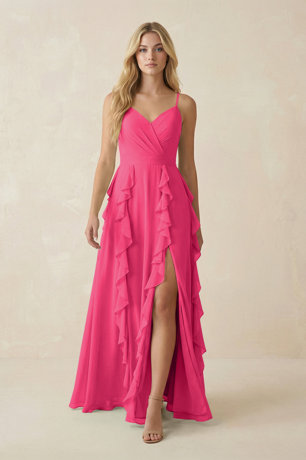 Tiered Ruffle A-Line Chiffon Bridesmaid Dress in Fuchsia