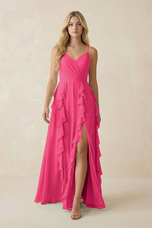 Fuchsia Tiered Ruffle A-Line Chiffon Bridesmaid Dress | KISSBRIDAL