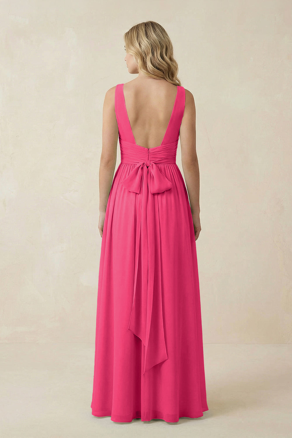 V-Neck A-Line Bridesmaid Dress with Back Bow in Fuchsia