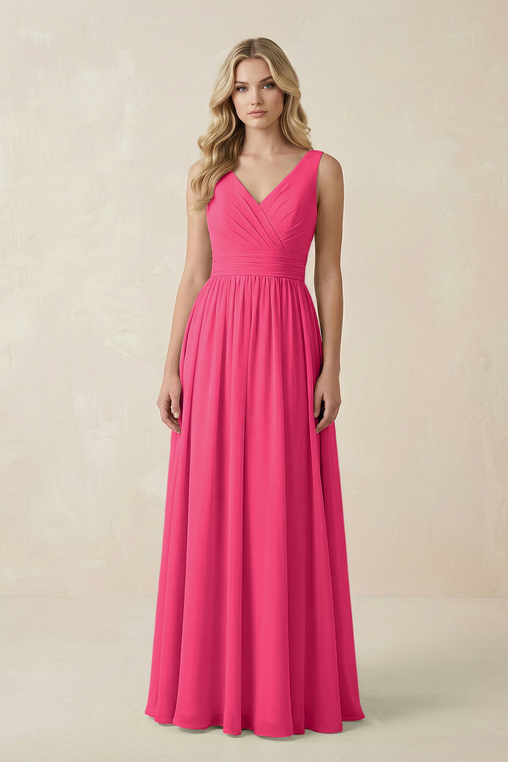 V-Neck A-Line Bridesmaid Dress with Back Bow in Fuchsia