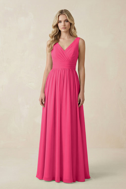 Fuchsia V-Neck A-Line Bridesmaid Dress with Back Bow | KISSBRIDAL