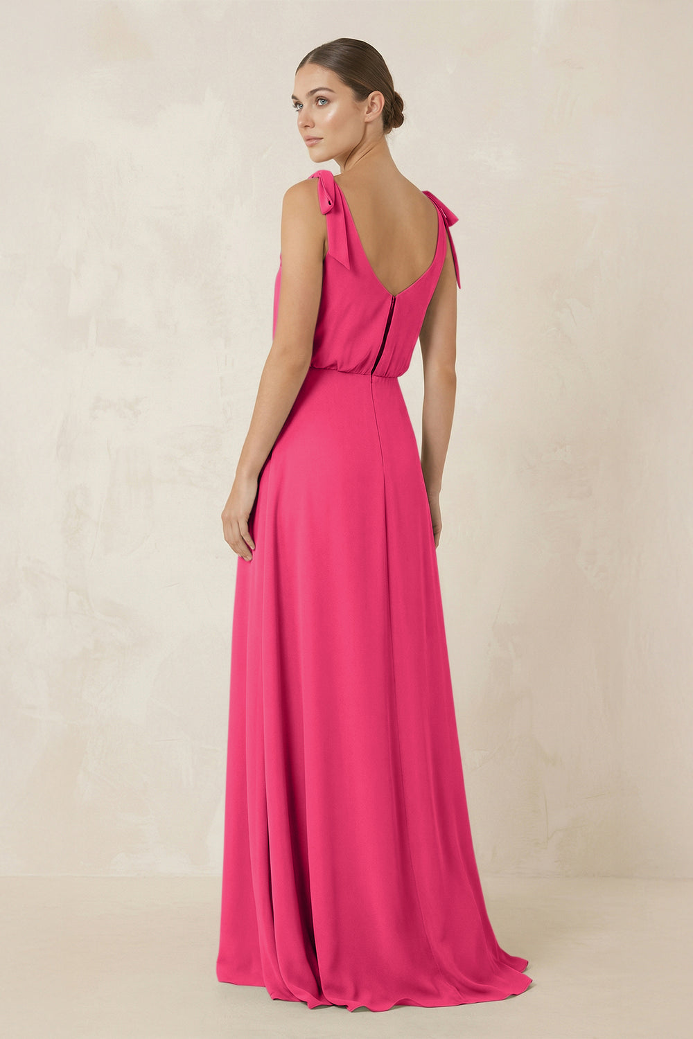 V-Neck A-Line Chiffon Bridesmaid Dress in Fuchsia