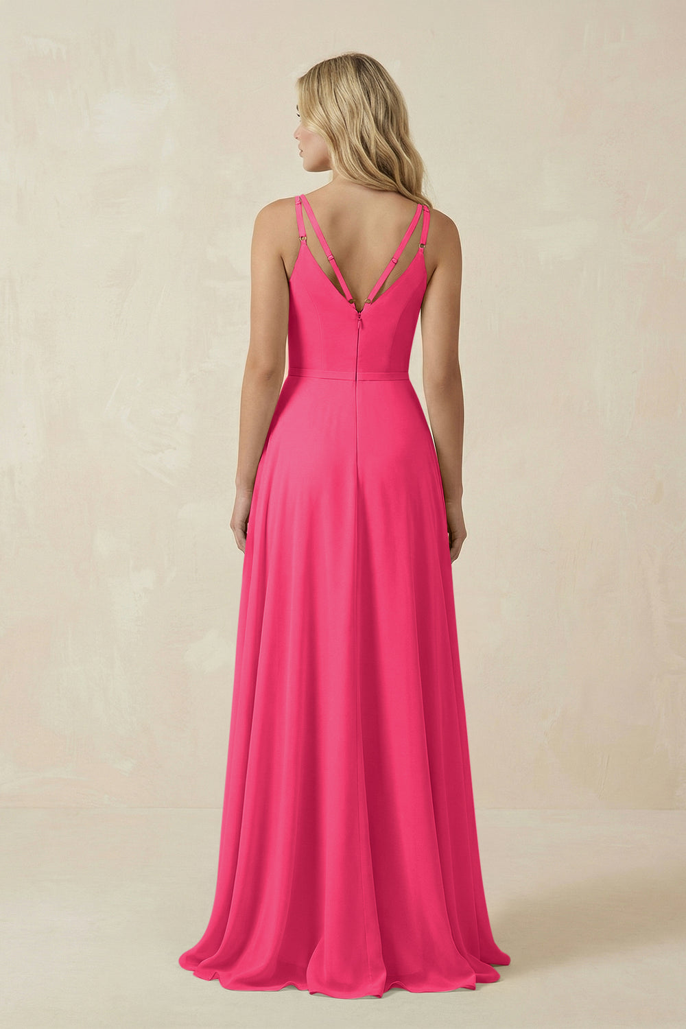 V-Neck A-Line Chiffon Bridesmaid Dress with Crisscross Back in Fuchsia