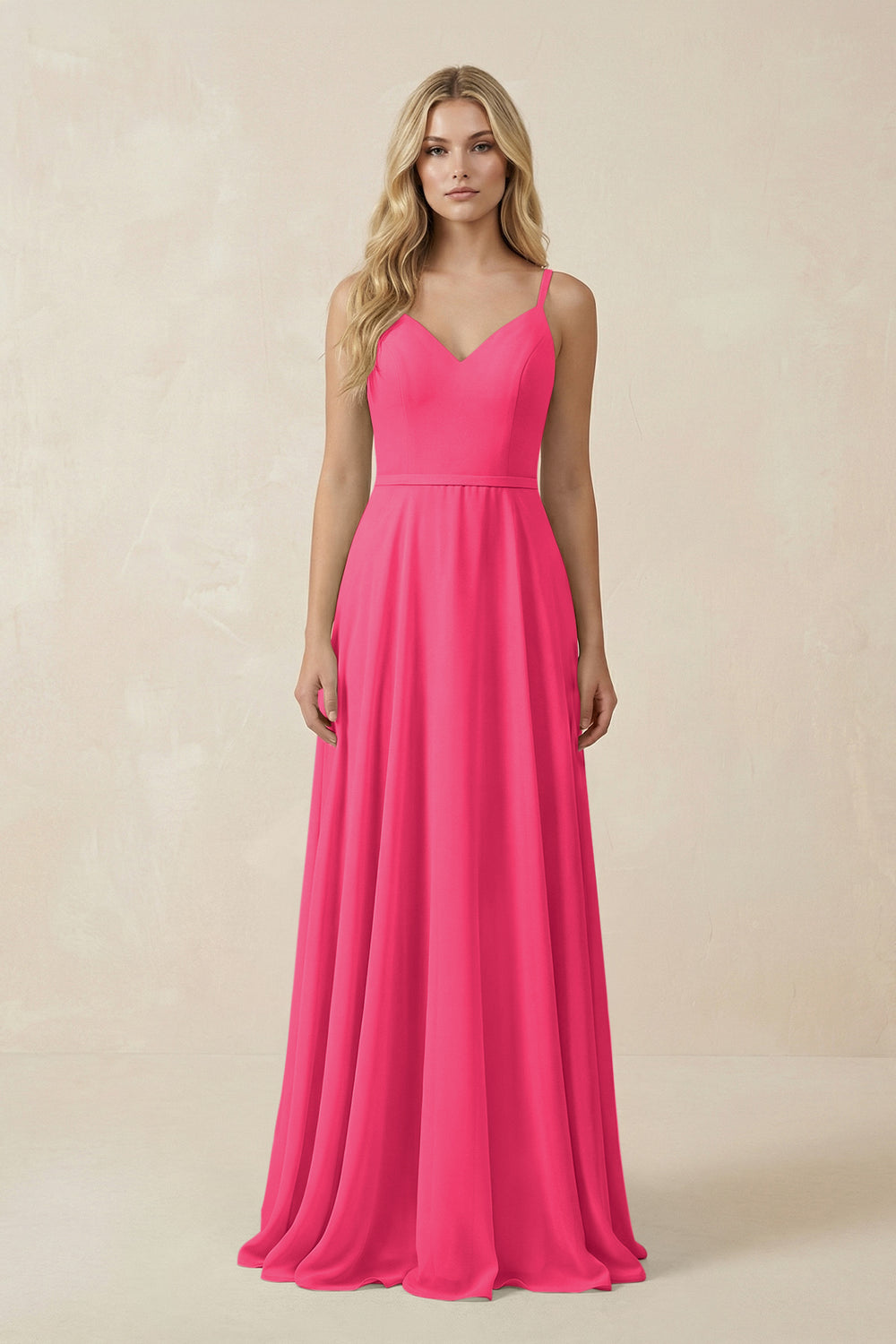 V-Neck A-Line Chiffon Bridesmaid Dress with Crisscross Back in Fuchsia
