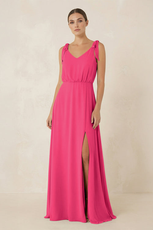 Fuchsia V-Neck A-Line Chiffon Bridesmaid Dress | KISSBRIDAL