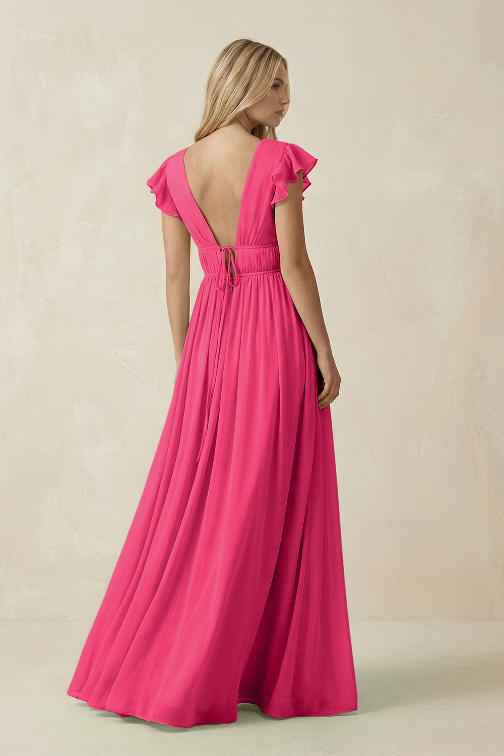 V-Neck A-Line Chiffon Cap Sleeves Bridesmaid Dress in Fuchsia