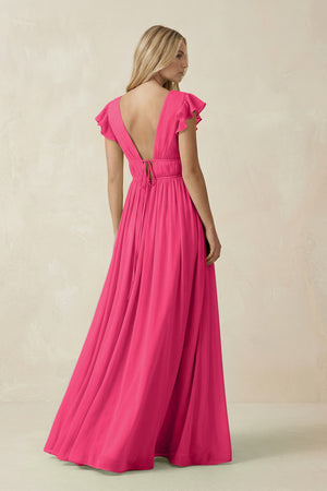 Fuchsia V-Neck A-Line Chiffon Cap Sleeves Bridesmaid Dress (2) | KISSBRIDAL