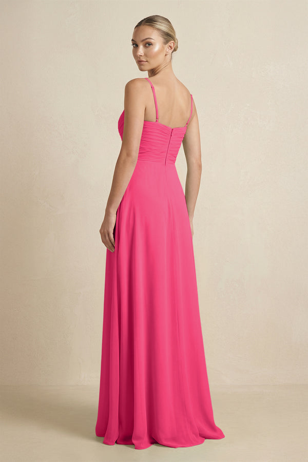 Fuchsia V-Neck A-Line Chiffon Pleated Bridesmaid Dress (2) | KISSBRIDAL