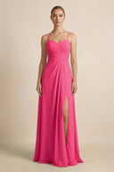 Fuchsia V-Neck A-Line Chiffon Pleated Bridesmaid Dress | KISSBRIDAL
