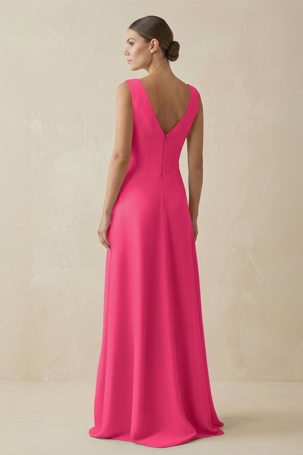 Fuchsia V-Neck A-Line Chiffon Ruffled Bridesmaid Dress (2) | KISSBRIDAL
