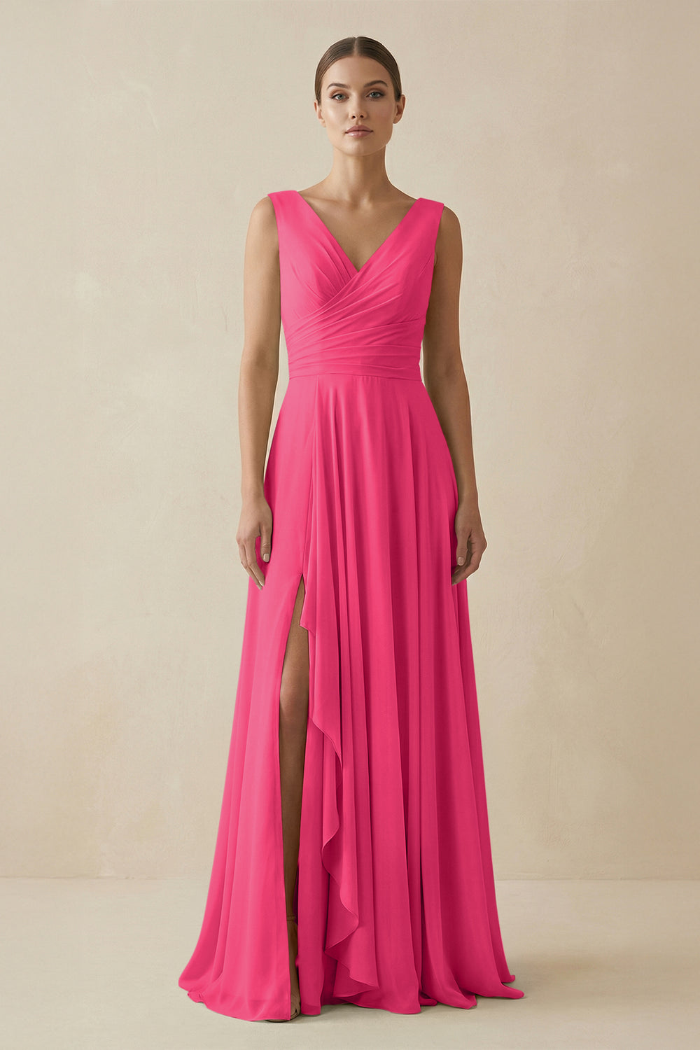 V-Neck A-Line Chiffon Ruffled Bridesmaid Dress in Fuchsia