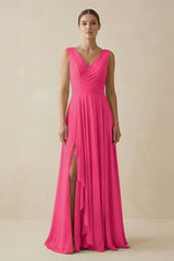 Fuchsia V-Neck A-Line Chiffon Ruffled Bridesmaid Dress | KISSBRIDAL