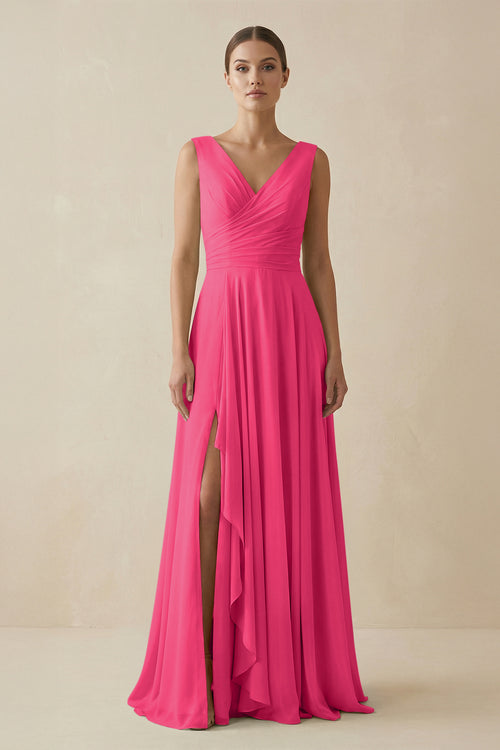Fuchsia V-Neck A-Line Chiffon Ruffled Bridesmaid Dress | KISSBRIDAL