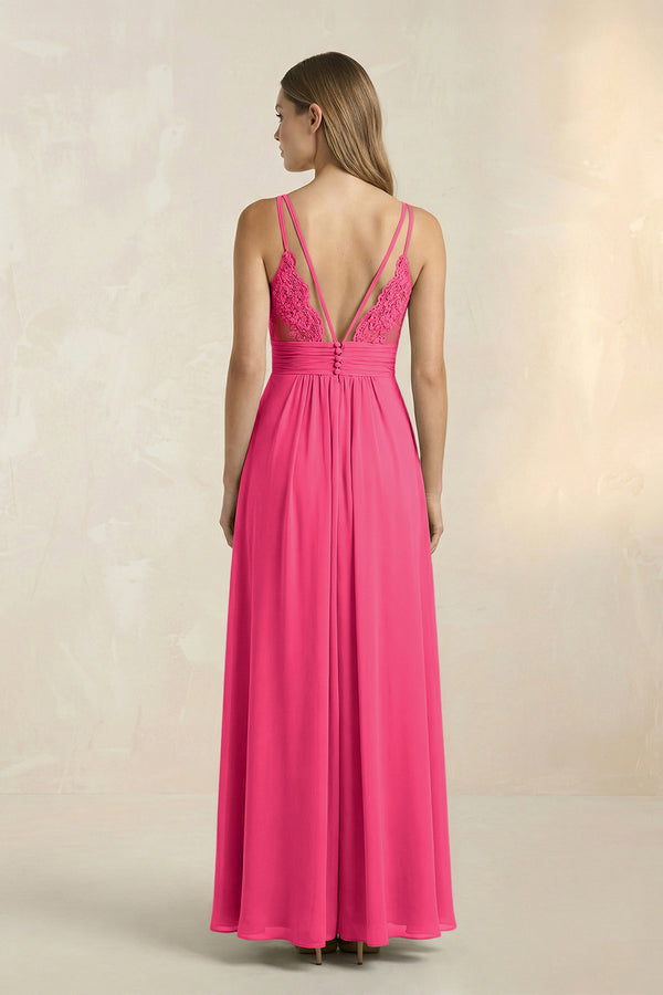 Fuchsia V-Neck A-Line Pleated Chiffon Bridesmaid Dress (2) | KISSBRIDAL